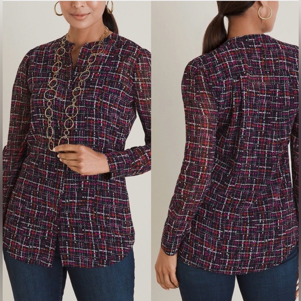 Chico's Size 1 (Standard Size 8/10)‎ Lightweight Printed Multi-Tweed Blouse